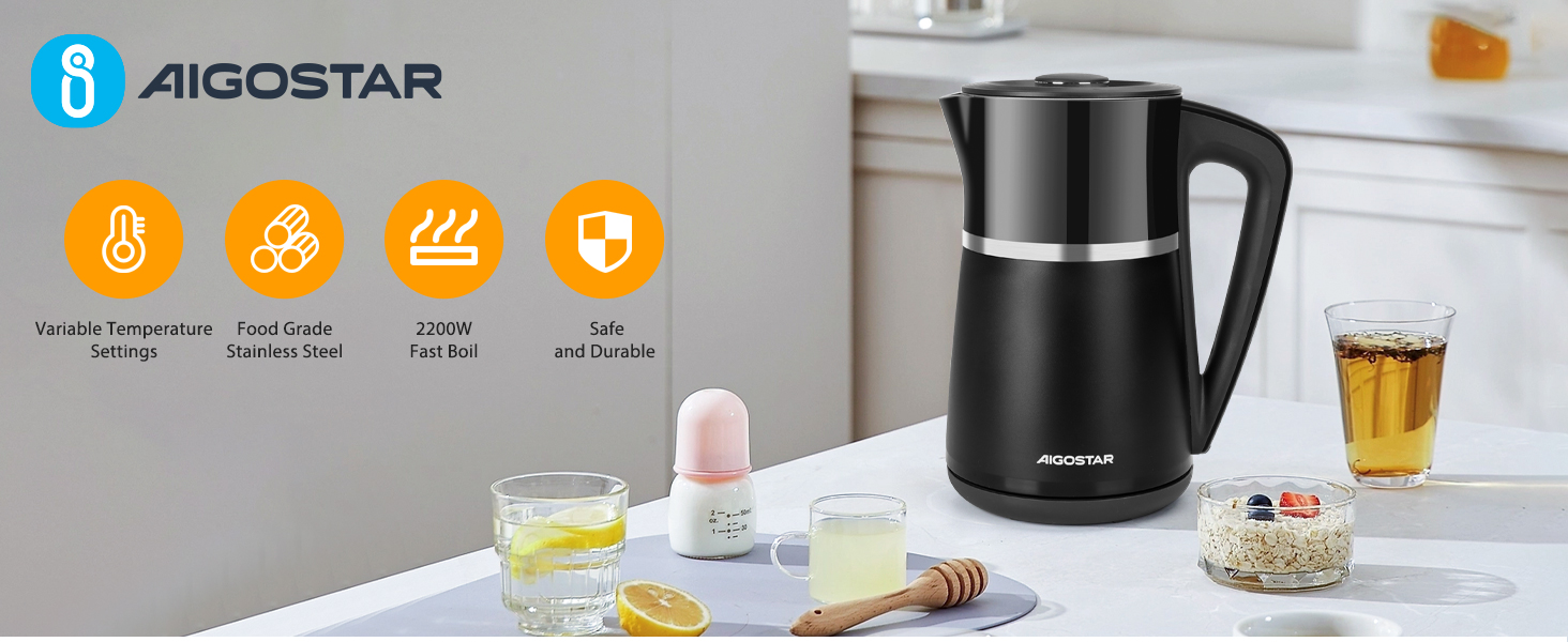 Електричний чайник Aigostar Alva з регулюванням температури 40°C-100°C, 1.7 л, подвійні стінки, Cool Touch, LED дисплей, тихий, бездротовий, з функцією підтримання тепла, 2200W, BPA Free, чорний