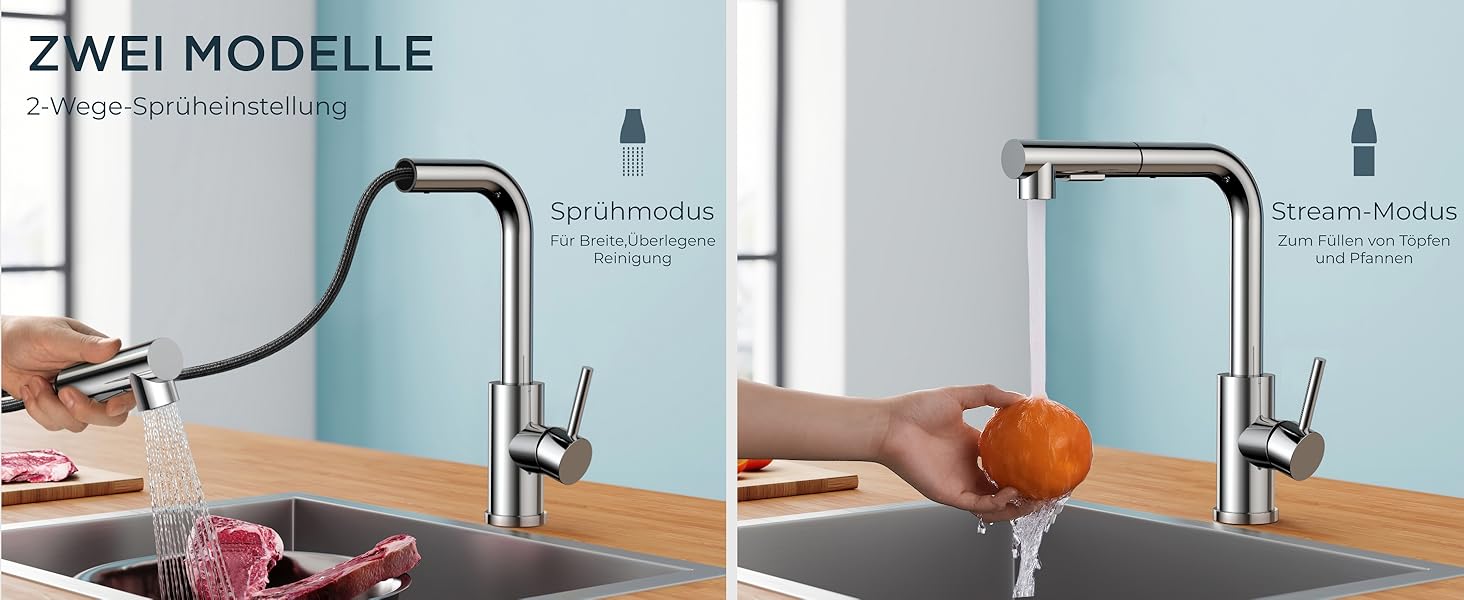 Змішувач для кухні FORIOUS висувний з душем, кухонний, L-подібний, 360° поворот, 2 режими, полірований хром