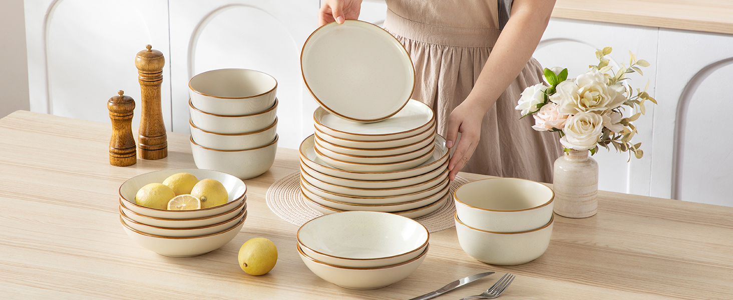 Набір посуду на 6 осіб Vancasso RENO 24 шт. з каменю, сучасний сервіз: тарілки для їжі, супу, десерту, миски. Підходить для миття в посудомийній машині та для використання в мікрохвильовій печі (Бежевий)