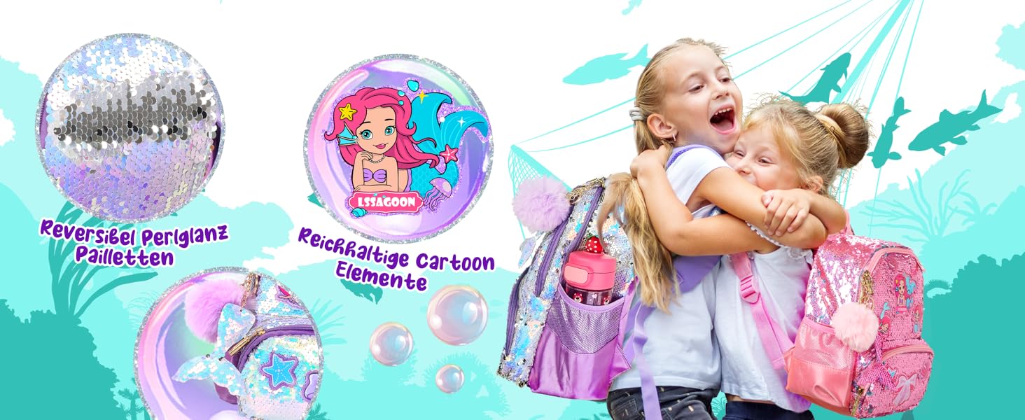 Дитячий рюкзак Єдиноріг для дівчаток з паєтками, персоналізований рюкзак Каваї для школи та садочка, подарунок на день народження або Різдво (Морська хвиля, 40 см)