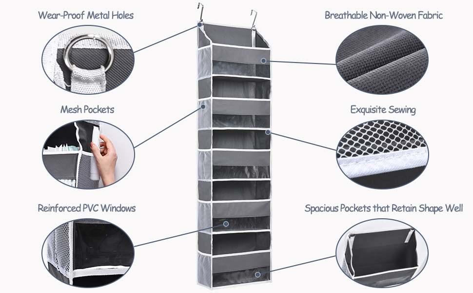 Органайзер для дверей ULG з 5 великими кишенями та 10 сітчастими кишенями, 20 кг, для спальні, ванної, кухні (темно-сірий)