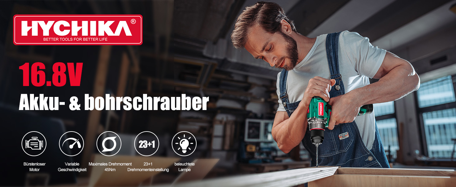 Акумуляторна дриль-шуруповерт HYCHIKA NBT-CD-16.8A-BL: 45Nm, 23+1 момент, 53 шт. аксесуарів, LED, 1500mAh