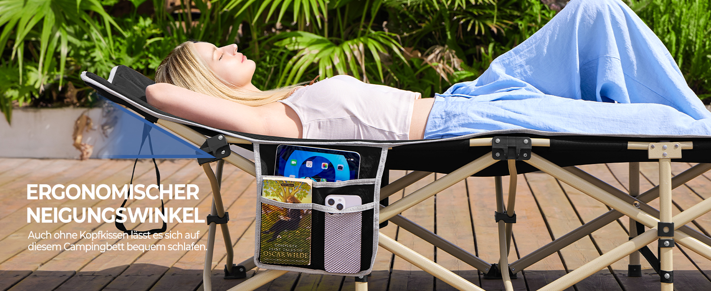 Ліжко гостьове Yaheetech складане, кемпінгове, з бічною кишенею та сумкою для транспортування, до 150 кг (Чорне)