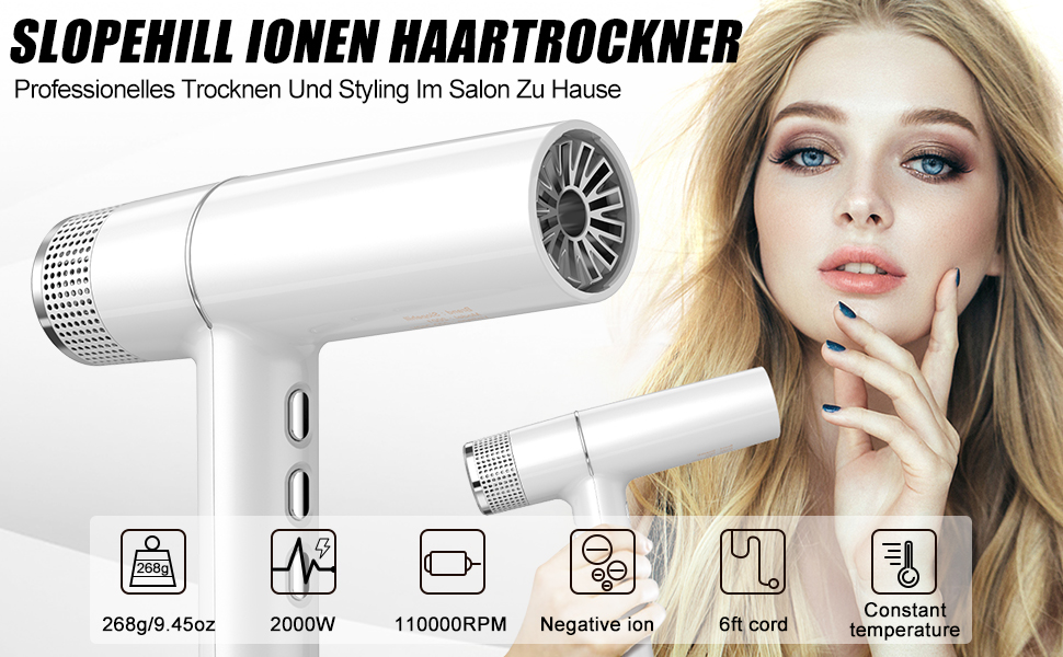 Фен Slopehill з унікальним безщітковим мотором | Інтелектуальна діагностика несправностей | Інноваційний мікрофільтр | Oxy Active Technology | LED-дисплей | 268г, 2000W (білий)