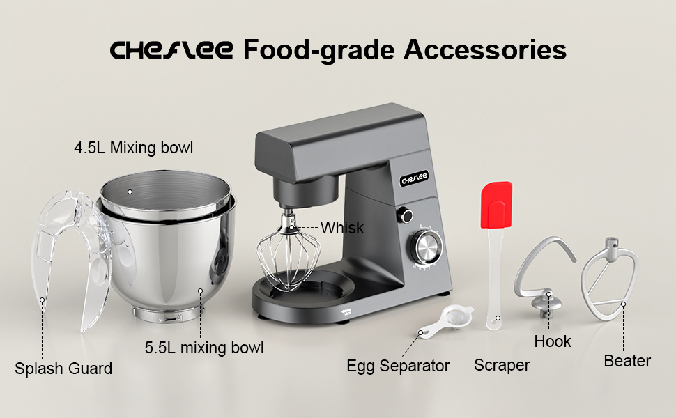 Кухонна машина Cheflee 1500W з місткими чашами 4.5 та 5.5л з нержавіючої сталі, 10+ швидкостей, набір насадок (міксер, гак для тіста, вінчик, захист від бризок) (Darkgrey)