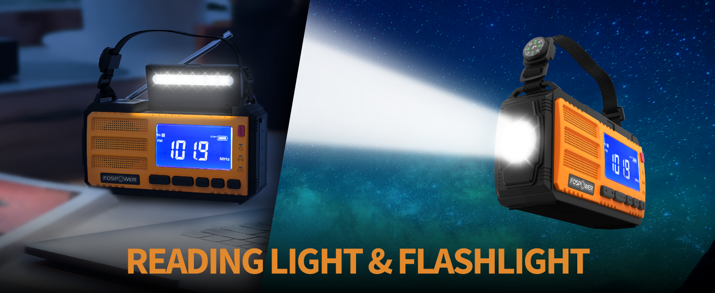 Радіо FosPower для надзвичайних ситуацій NOAA/AM/FM з акумулятором 10000mAh - зарядка USB/Solar/ручка, батарейне живлення, SOS-сигнал та ліхтарик для надзвичайних ситуацій в приміщенні та на вулиці, оранжевий