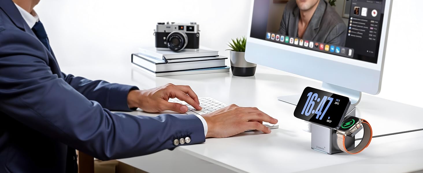 ZEEHOO 3-в-1 зарядний станція для Apple MagSafe: зарядка для iPhone, Apple Watch та AirPods (30W USB-C), сірий