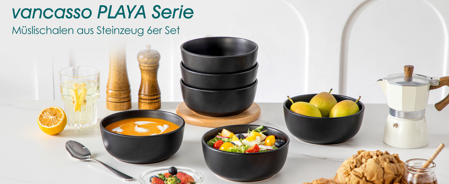 Набір супових та салатних мисок Vancasso PLAYA, 6 шт., 0.9 л, чорний, кераміка