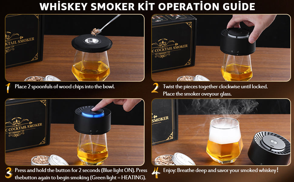 Електричний набір для копчення віскі з LED-підсвіткою, 6 ароматів деревини, без бутану, перезаряджуваний, ретро-дизайн, барний аксесуар, подарунок для чоловіків, батька, чоловіка