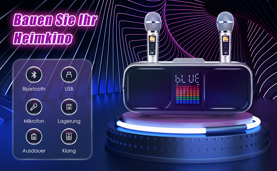 Караоке Машина з 2 Бездротовими Мікрофонами, Bluetooth Колонка з Сенсорним Екраном, LED-підсвічуванням та Підставкою для Телефону, Караоке Колонка для Дітей з USB/TF/AUX (Срібна)