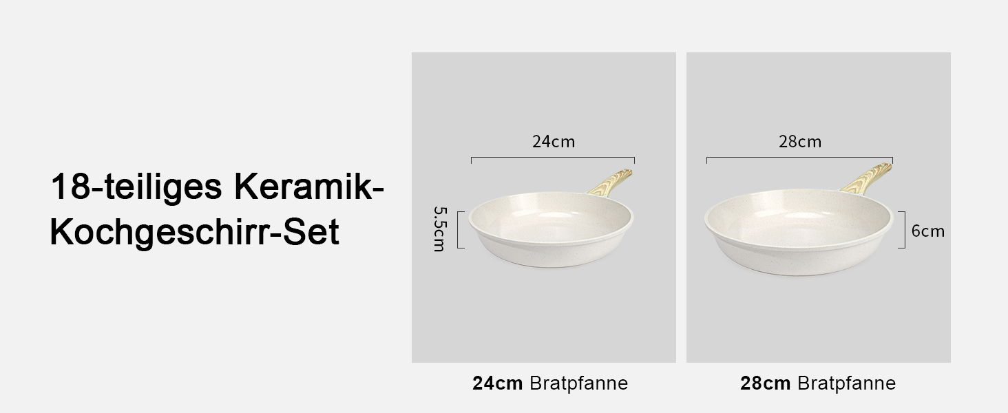 Набір посуду GiPP 17-ти частинний: каструлі, сковорідки з антипригарним покриттям, сковорідки 24+28 см, каструля 4.2 л, каструлі 16+18 см, сковорода для омлету з 4-ма отворами, лопатка та ложка, підходить для всіх типів плит (білий)