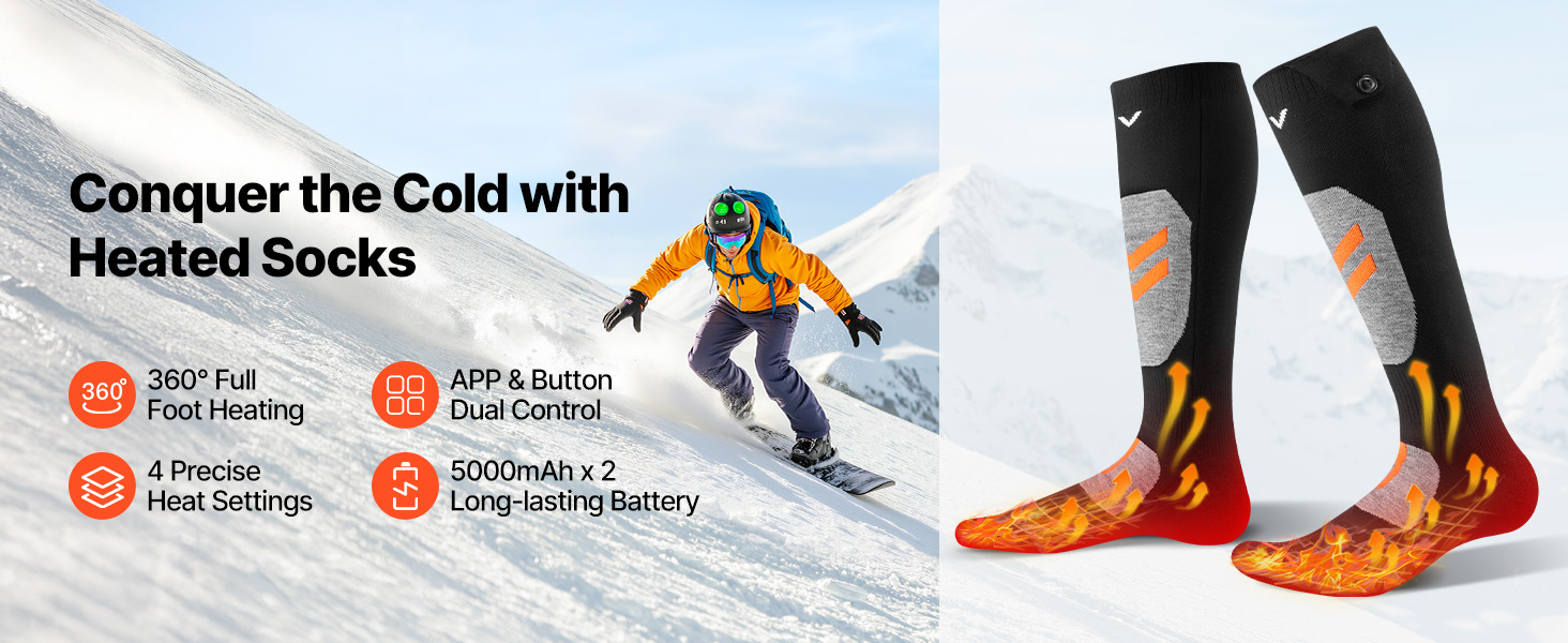 Електричні гріючі шкарпетки VEVOR з акумулятором 5000 mAh, 4 режими нагріву, керування через додаток, для чоловіків та жінок, середній розмір, підходять для полювання, їзди на конях, кемпінгу, походів