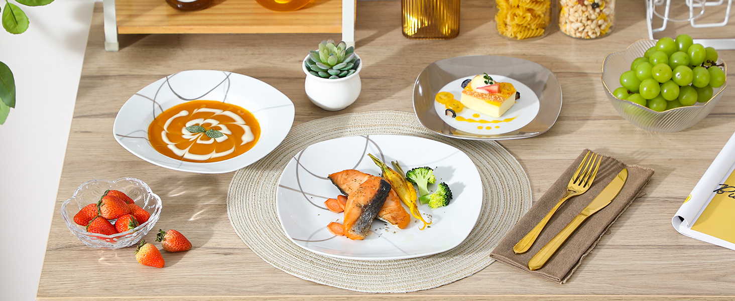 VEWEET Набір посуду 'Нікіта' з порцеляни, 24 частини | Сервіз включає миски, десертні тарілки, тарілки для їжі та супові тарілки | Посуд для 4-12 осіб