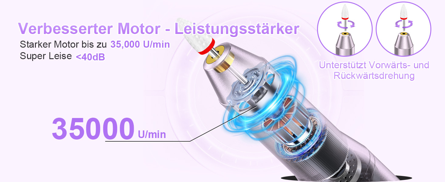 Електричний фрезер для нігтів бездротовий - 12 в 1, 35000 об/хв, для гелю, акрилу, манікюру та педикюру, фіолетовий