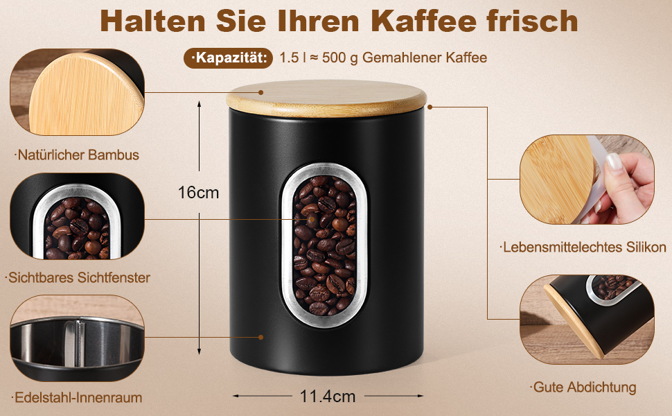 Герметична кавова банка Gmisun, 500г / 1,5л: для кавових зерен, меленої кави, капсул та паді, чорного кольору