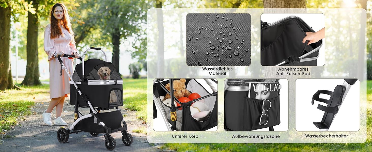 Візок для собак Mamizо 3-в-1: візок, переноска, сумка. До 20 кг, поворотні колеса, кошик, тримач для напоїв, для собак та котів (сріблястий, чорний)