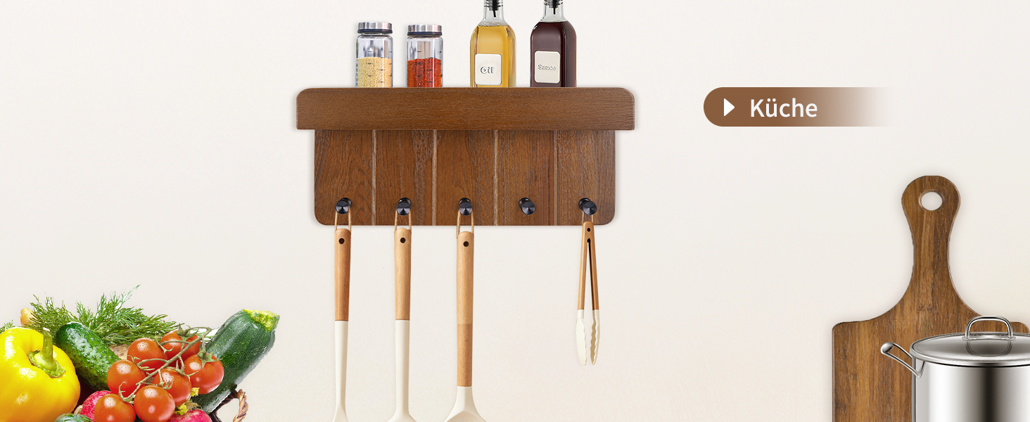 Дерев'яне ключниця з поличкою, ключниця на стіну з 5 гачками, декоративне настінне кріплення для ключів, підходить для прихожей, коридору, кухні, спальні (Темно-коричневий)