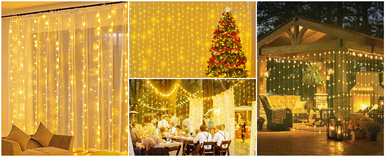 Ланцюжок-завіса світлодіодна 3x3м, 300 LED, USB, 8 режимів, пульт, IP65, тепле світло, для декору, свята, вечірки