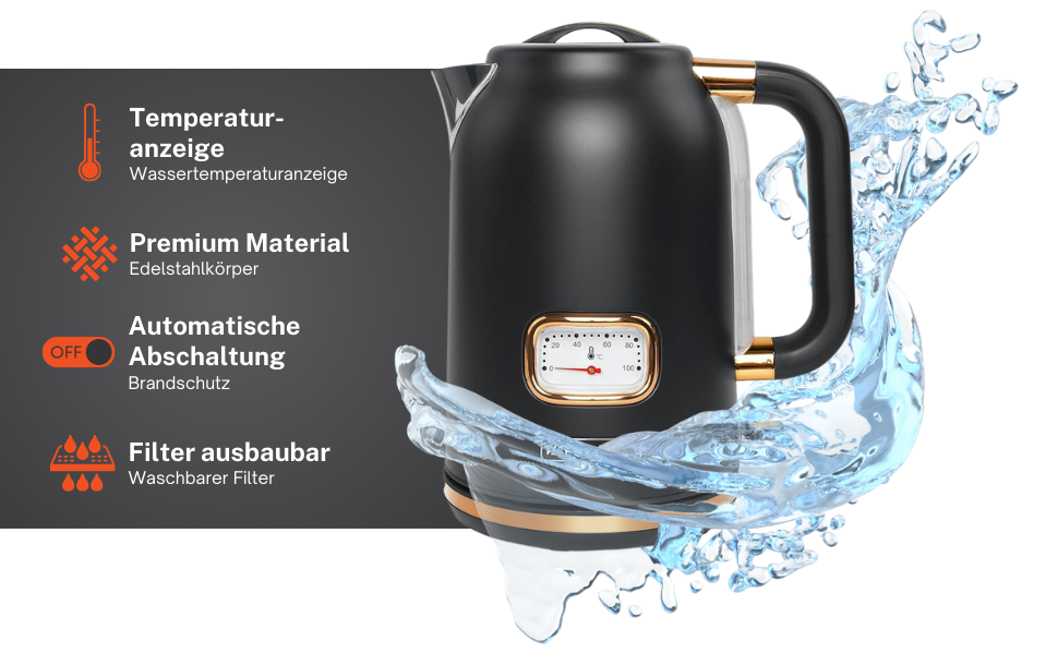 Чайник електричний зі сталі нержавіючої, ретро-дизайн, з аналоговим термометром, фільтром, прозорою шкалою, об'єм 1,7 л, автоматичне вимкнення, матовий чорно-золотий (MS-030 BC)