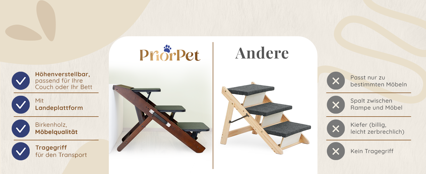 Сходинки для собак на ліжко та диван 2-в-1 - регульована рамка для собак, 18-50 см - для маленьких собак - легка переносна сходинка з платформою, натуральний колір (коричневий)