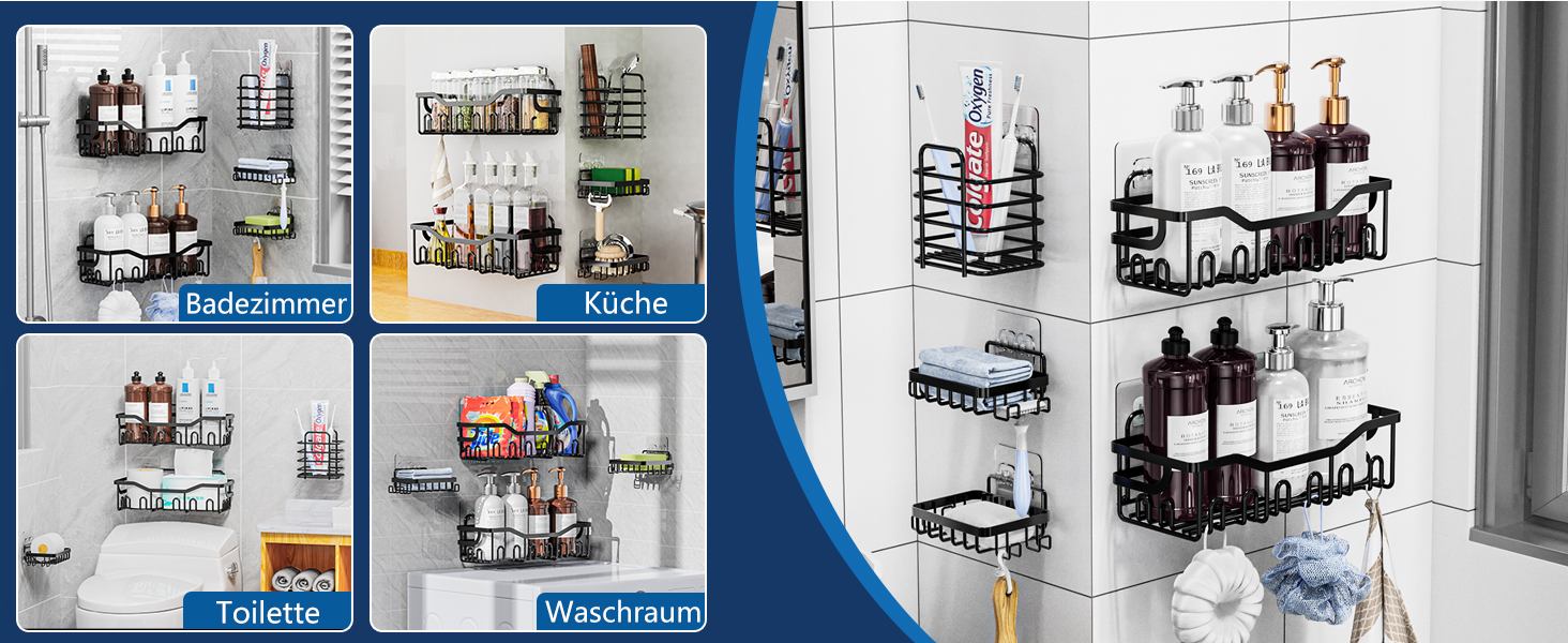 Набір з 5 полиць для душу без свердління, чорний колір. Органайзер для душу з 28 гачками, тримачем для пасти та 2 мильницею. Підходить для шампуню та інших аксесуарів для ванної кімнати.