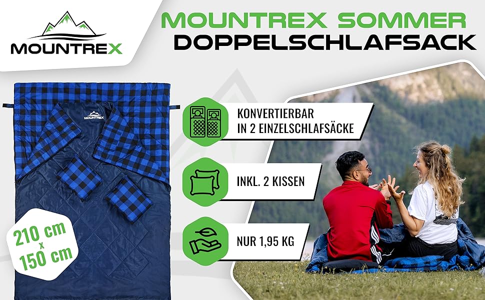 Mountrex Double Sleeping Bag - Summer Sleeping Bag for 2 People (210 x 150cm), Quilt Sleeping Bag - XXL Summer Sleeping Bag with 2 Pillows for Adults - Camping, Outdoor & Indoor (Blue)