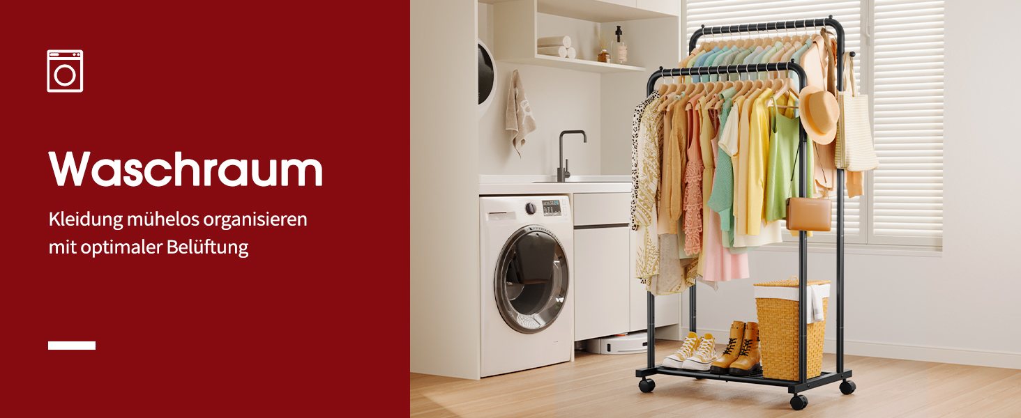 Підвісна штанга для одягу на колесах з сітчастою полицею та гачками, 73 x 42 x 150 см, чорний колір