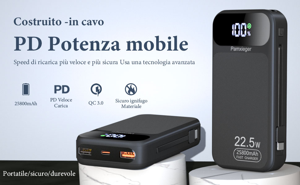 Power Bank 25800mAh 22,5W з LCD дисплеєм: швидка зарядка PD3.0 QC4.0, USB-C вхід/вихід, портативний зарядний пристрій для смартфонів
