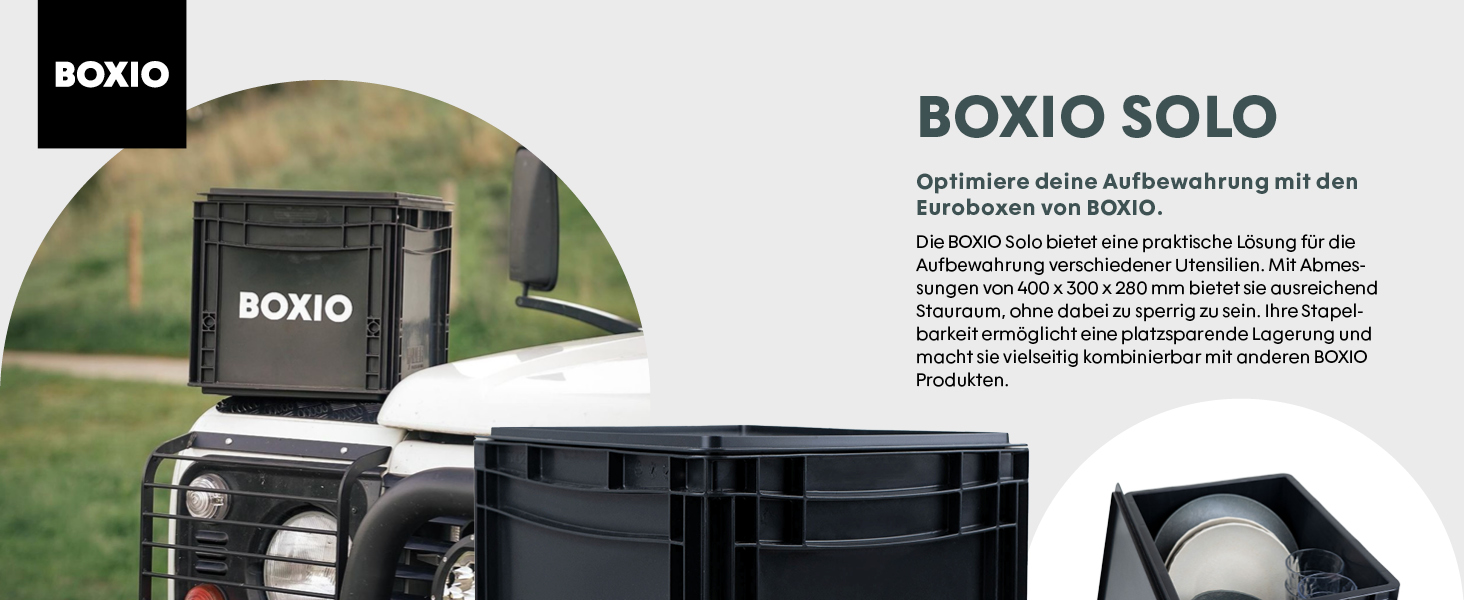 BOXIO SOLO: Пластикова ящик з кришкою 40x30x28 см, для зберігання, транспортування, кемпінгу, човна, гаража або саду, стелажна, сумісна з іншими євробоксами