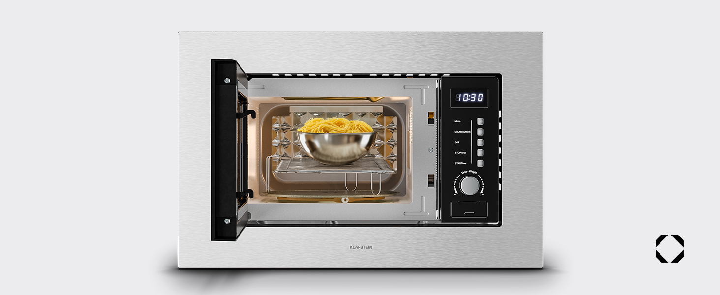 Мікрохвильова піч Klarstein Verosteel вбудована 60 см з грилем – 20L, 700W, 8 програм, сенсорне керування, нержавіюча сталь, функція розморожування, LED-підсвічування