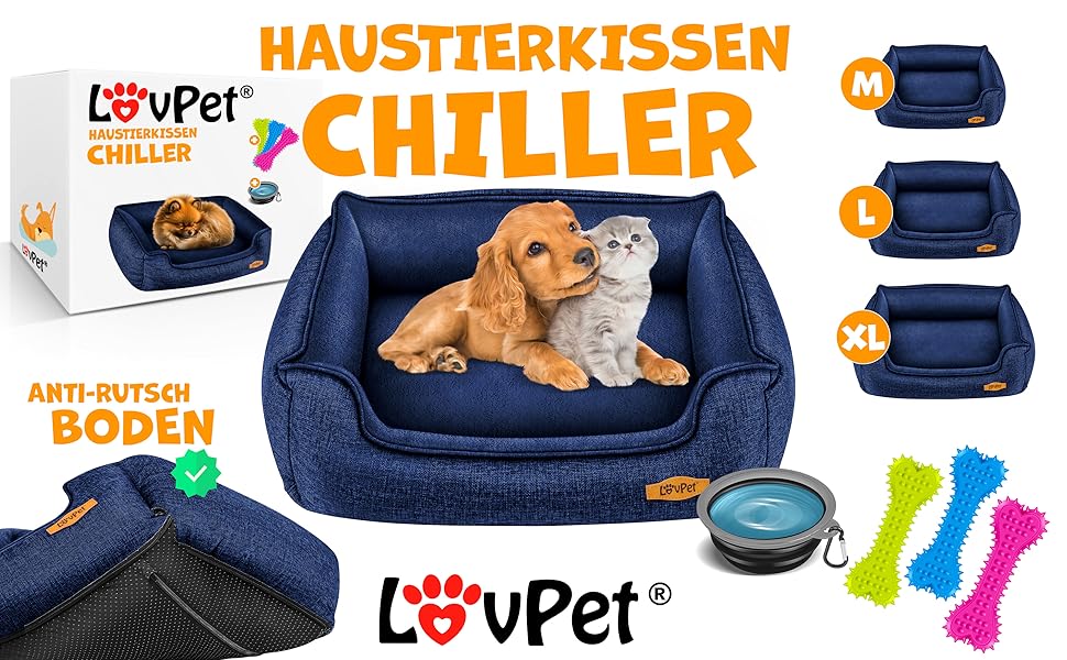 Ліжко-матрац для собак Lovpet® Chiller з мискою і 3 жувальними кісточками, диван-подушка для малих, середніх і великих порід, знімний і праний чохол, 90x75x25 см, темно-синій