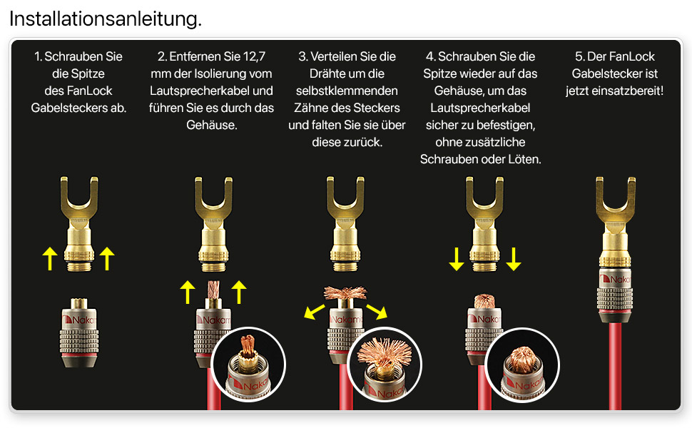 Позолочений Y-подібний роз'єм Nakamichi FanLock Excel-Serie для акустичних кабелів 10-18 AWG, 4мм, для Hi-Fi стерео та домашнього кінотеатру, 4 шт (2 пари)
