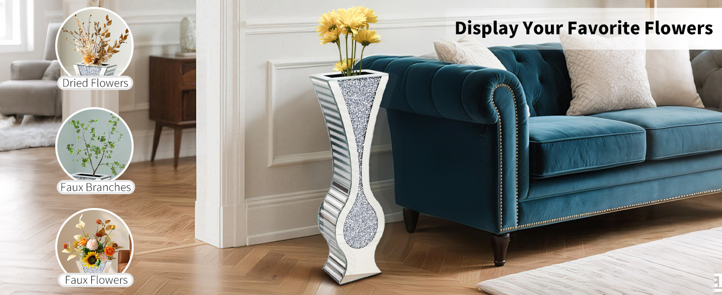 Ваза для квітів велика 68 см, підлогова ваза: срібна ваза з кристалами для пампас трави, скляна ваза з дзеркальним покриттям, декоративна ваза з блискітками для вітальні, декор інтер'єру – не для води (21.5L x 13B x 68.5H cm)