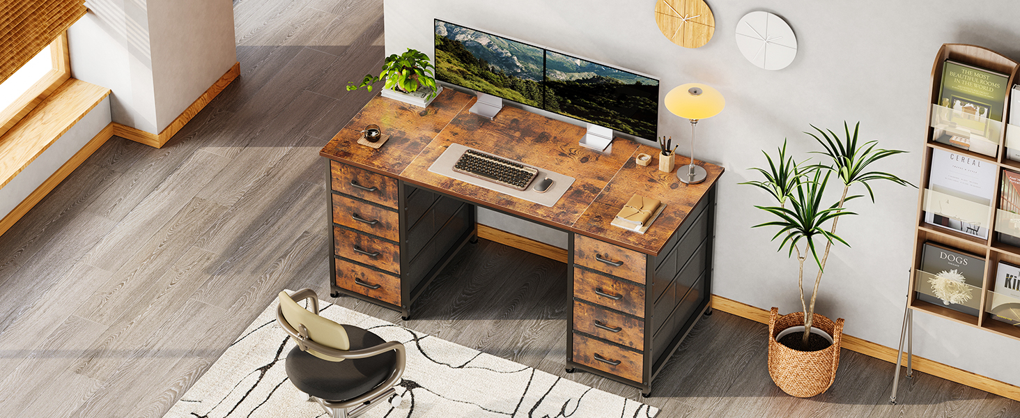 Комп'ютерний стіл Coleshome з 8 тканинними ящиками, 120x48 см, коричневий | Стіл для офісу, дому, вітальні