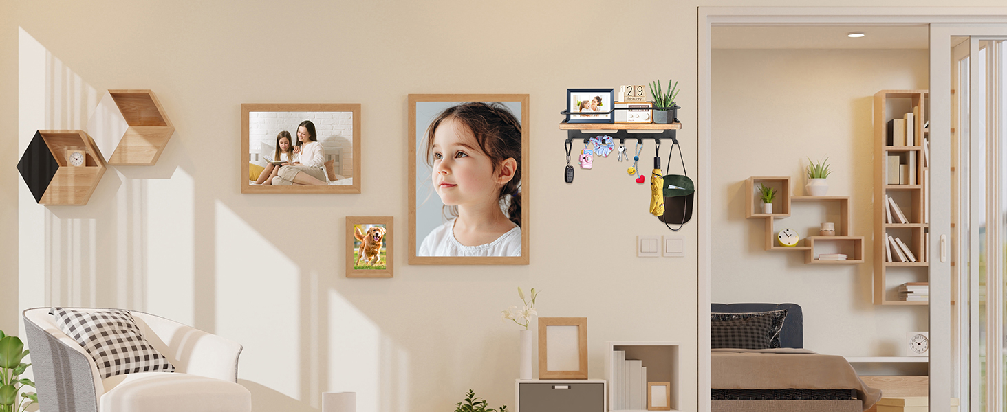 Дерев'яне ключове дошка JiangLin з полицею, декоративний тримач для ключів, настінна організація для ключів з 7 гачками, для входу, коридору, вітальні, чорний