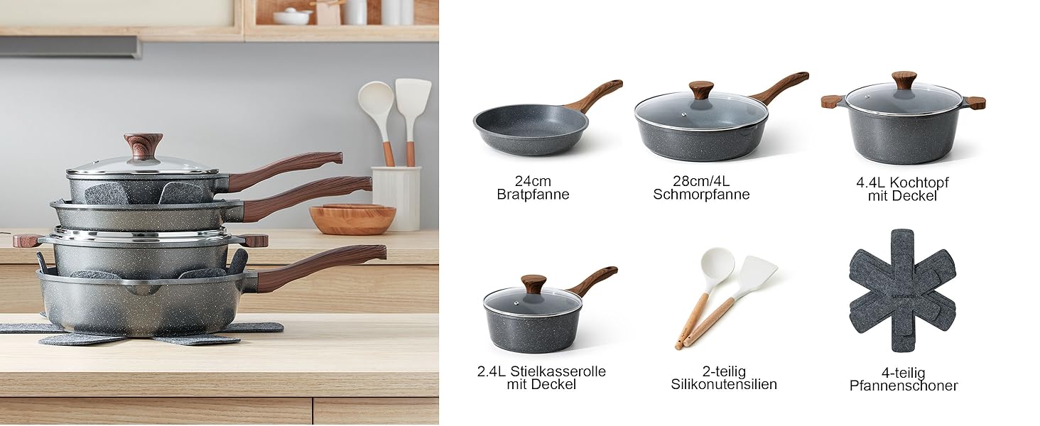 Набір посуду SENSARTE з антипригарним покриттям 13 предметів, гранітний, з кришками та силіконовими інструментами, сірий