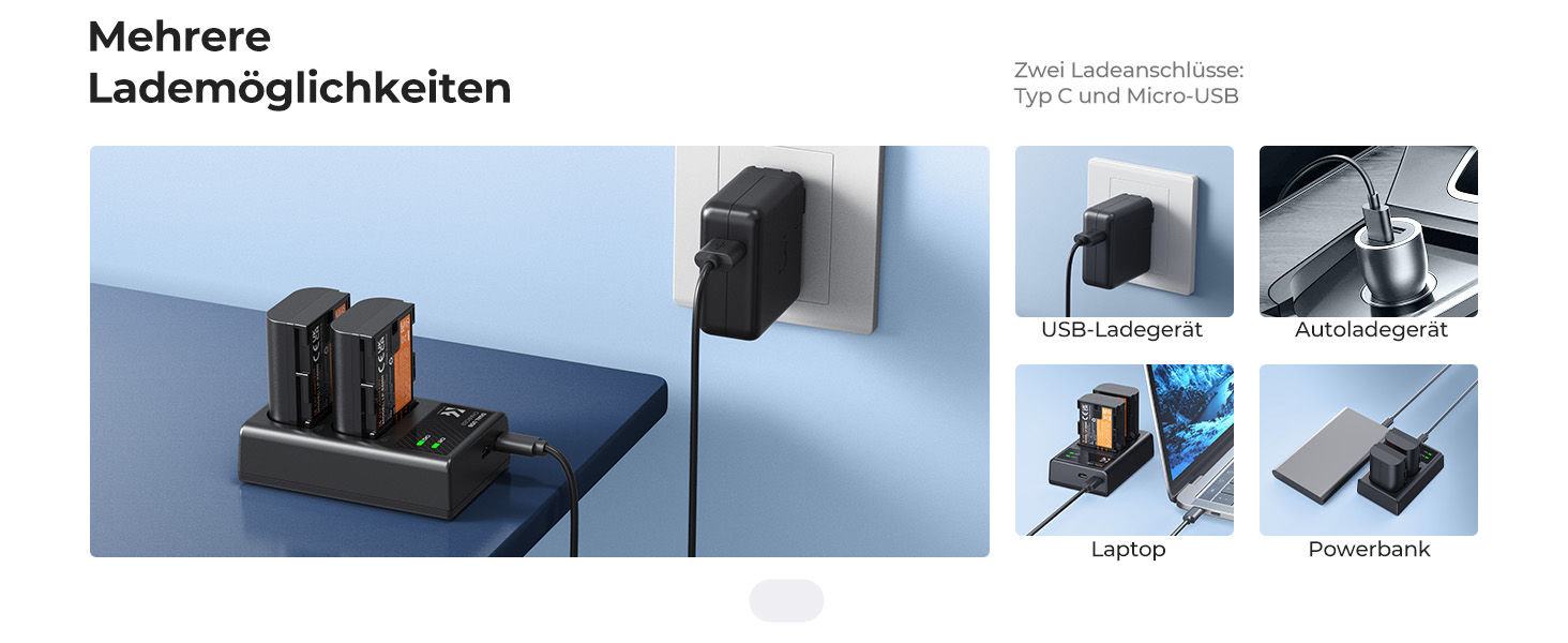 Зарядний пристрій для акумуляторів Canon LP-E6/LP-E6N/LP-E6NH з подвійним слотом K&F CONCEPT, Micro USB та Type-C, швидка зарядка для EOS R5, R6, R, 5D Mark IV, 5D Mark III, 5DS, 5DS R, 5D Mark II, 6D