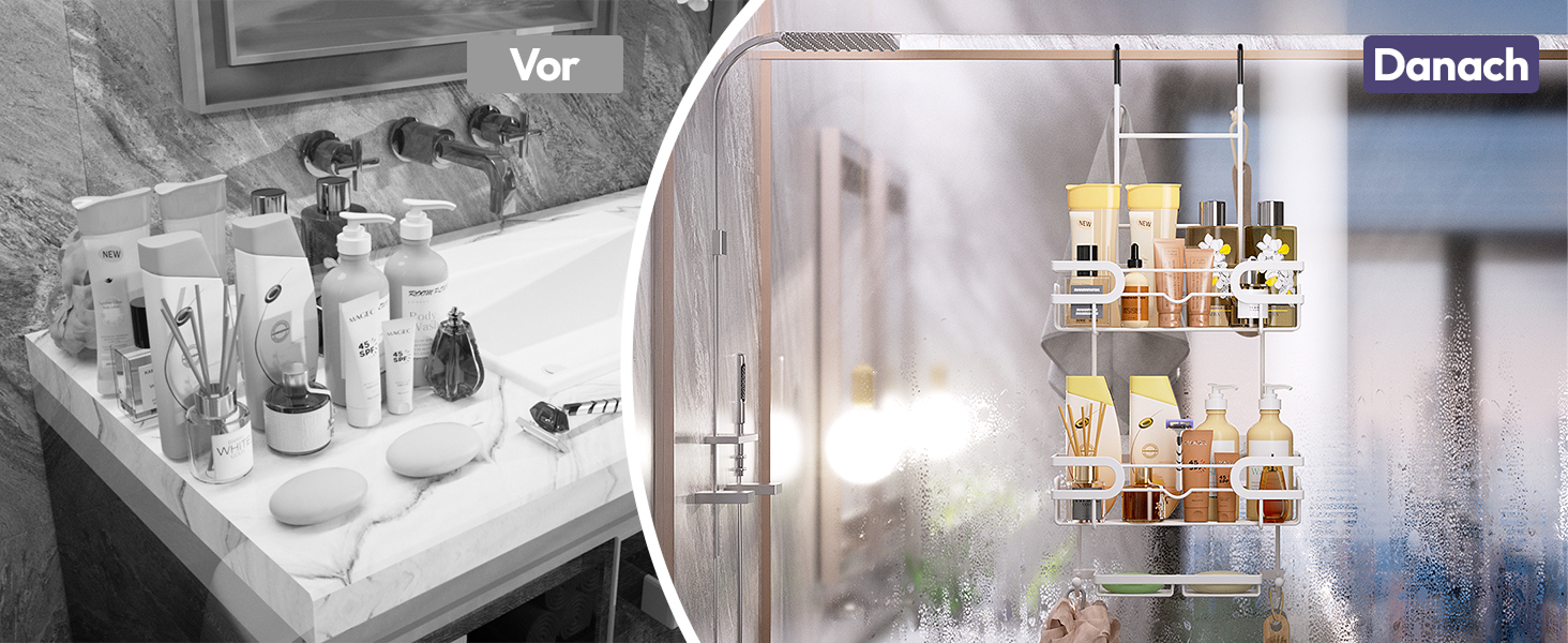 Настінна поличка для душу SWTYMIKI з 2 кошиками та 2 мильницями, з нержавіючої сталі, 14 гачків, білий колір