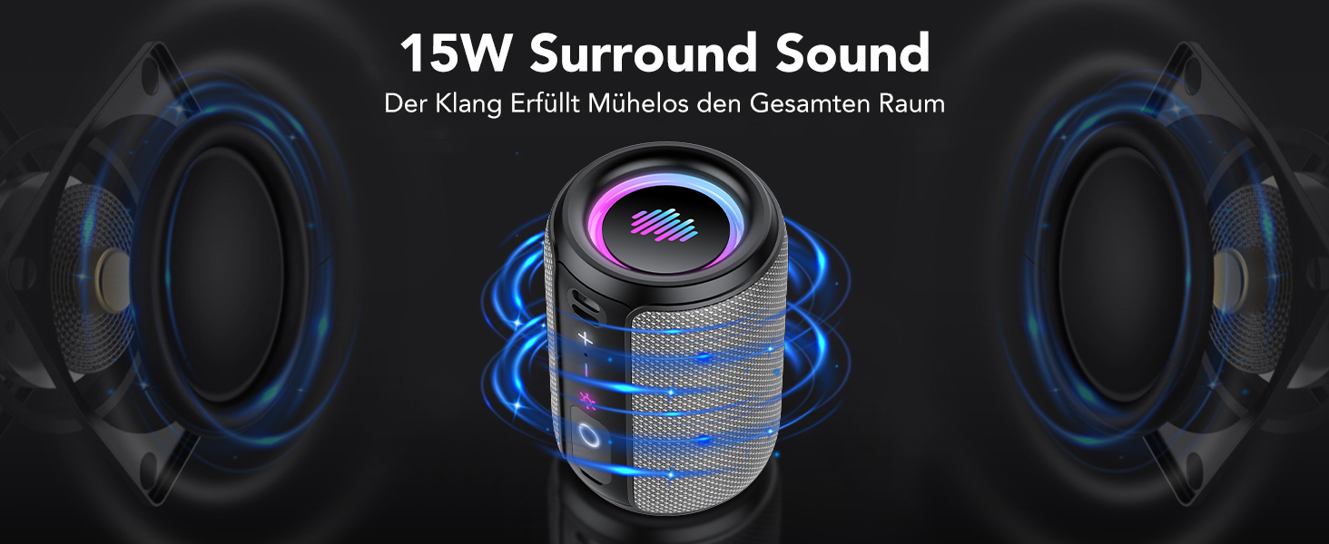 Bluetooth колонка 15W, портативна, 12 год автономії, IPX7 водонепроникна, сіра - для спорту, вечірок, подорожей