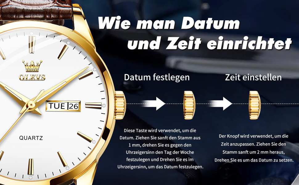 Чоловічий годинник OLEVS з нержавіючої сталі, кварцовий аналоговий годинник, класичний діловий годинник, водостійкий годинник з підсвічуванням, дата, ремінець з натуральної шкіри (білий циферблат/коричневий ремінець)