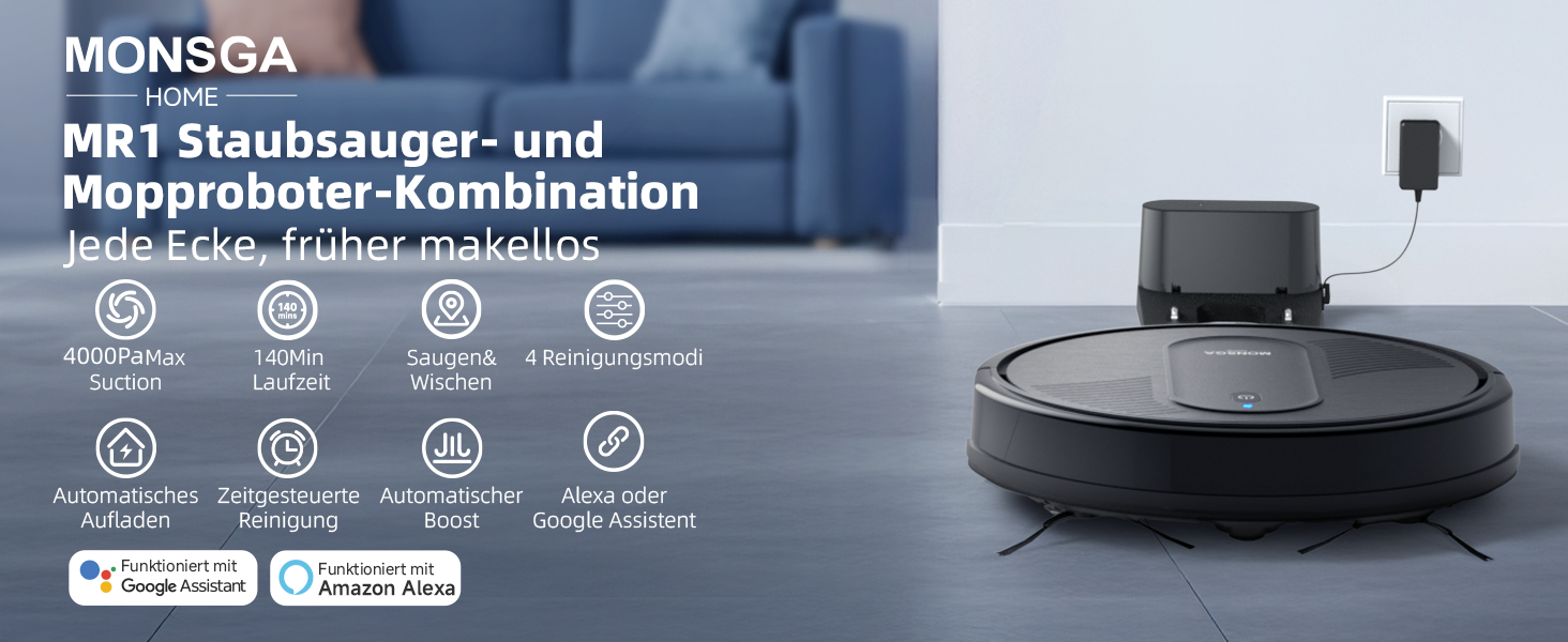 Робот-пилосос MONSGA 3-в-1 з функцією миття, 3000PA, безщітковий двигун, 140 хвилин роботи, чорний. Ідеально для шерсті тварин, килимів та твердих підлог.