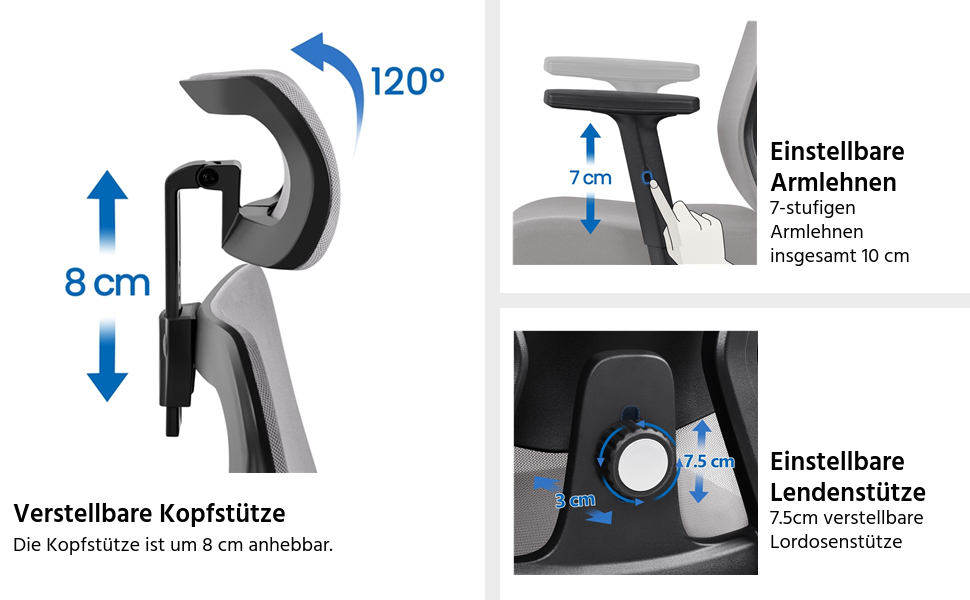Крісло офісне Yaheetech ергономічне з регульованою підголівником, підлокітниками та поперековою підтримкою, поворотне, з можливістю нахилу 90°-130°, регульоване по висоті (світло-сірий)