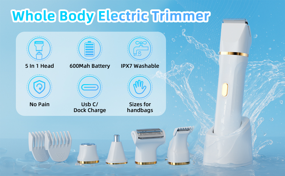 Електричний жіночий тример 5-в-1: для тіла, обличчя, інтимної зони. Вологостійкий (IPX7), USB-C зарядка