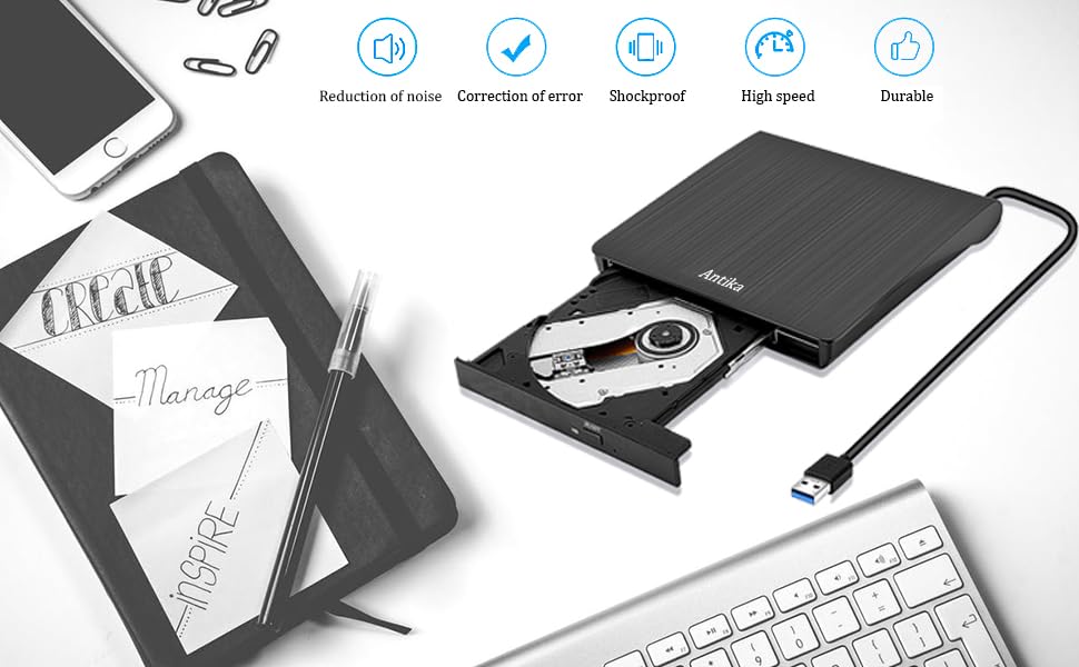 Зовнішній DVD-накопичувач Antika USB 3.0 Type-C, портативний CD/DVD бренер для ноутбука та ПК (Windows, macOS), чорний