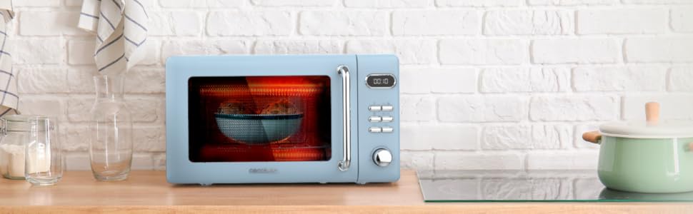 Мікрохвильова піч Cecotec Proclean 5110 Retro Blue, 20 л, 700 Вт, мікрохвильова піч з грилем, 8 програм, таймер 60 хв, розморожування, блакитний колір, захист від дітей