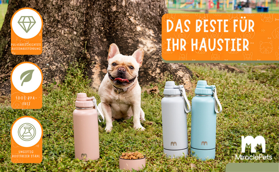 Фляга для собак Miracle Pets: 1 л, нержавіюча сталь, BPA-free, з мийкою, для подорожей