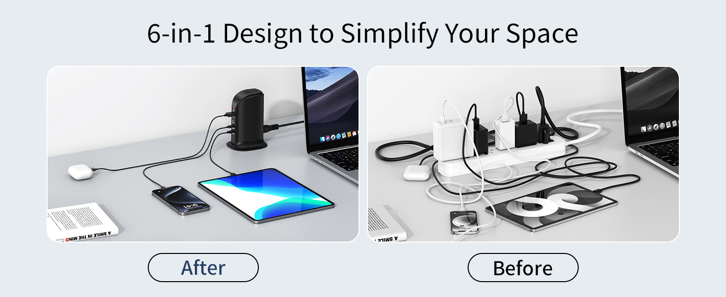 Зарядний пристрій USB-C 55W багатопортовий для iPhone, iPad, Samsung та інших пристроїв - Вежа USB-станція з 5 портами