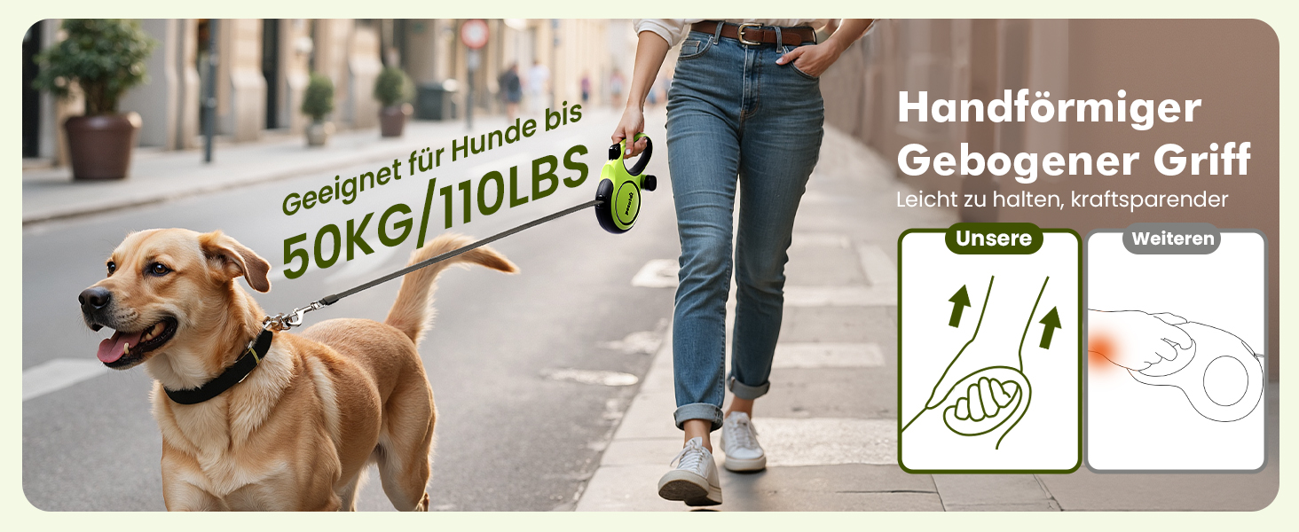 Рулетка для собак Pecute 8м, бісостійка, з набором для збору відходів, 360° без перекручування, для собак середніх та великих (15-50кг), зелена