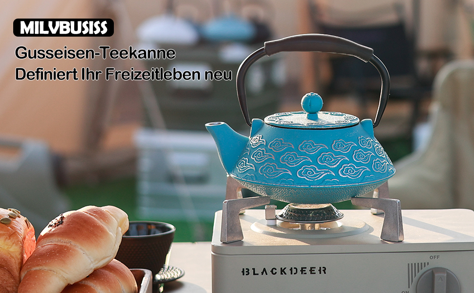 Cast iron teapot, Japanese teapot with infuser for loose tea, 800ml teapot suitable for stovetops, with enameled interior coating, cloud pattern, 27oz Green (Sky-blue)
