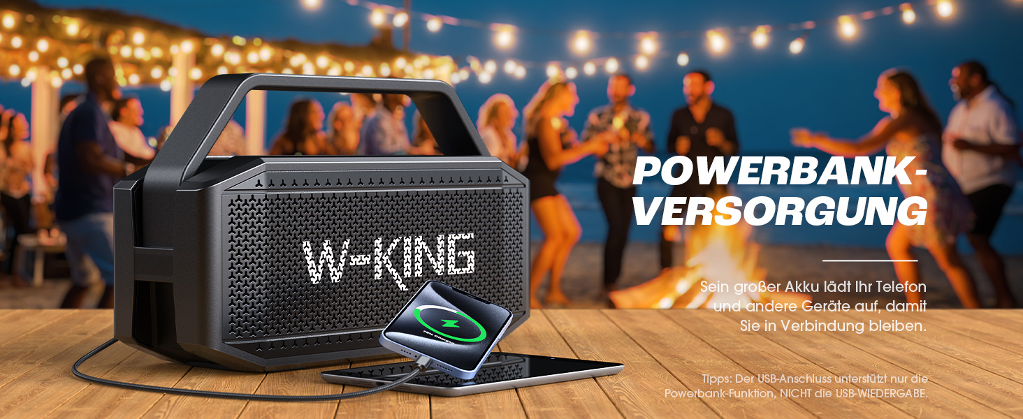 W-KING Bluetooth Колонка 100W (Пікова потужність) - Портативна Колонка з Глибоким Басом, Power Bank, TF/AUX, EQ, IPX6, 40 годин роботи